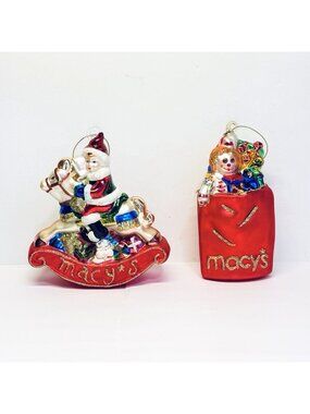 Macy's Lot of 2 Glass Ornaments Elf Rocking Horse Bag of Gifts